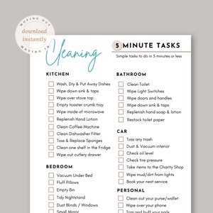May include: A printable cleaning checklist with sections for the kitchen, bathroom, car, bedroom, and personal tasks. The checklist includes tasks like washing dishes, cleaning the toilet, vacuuming, and checking the oil level. The words "Moving Out" and "Moving In" are also visible.