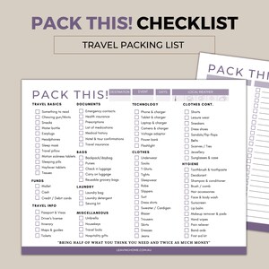Pode incluir: Uma lista de verifica&ccedil;&atilde;o de viagem intitulada "PACK THIS! CHECKLIST" com se&ccedil;&otilde;es para o b&aacute;sico da viagem, documentos, tecnologia, roupas e higiene. A lista inclui itens como lanches, fones de ouvido e um passaporte. O site leavinghome.com.au est&aacute; na parte inferior.