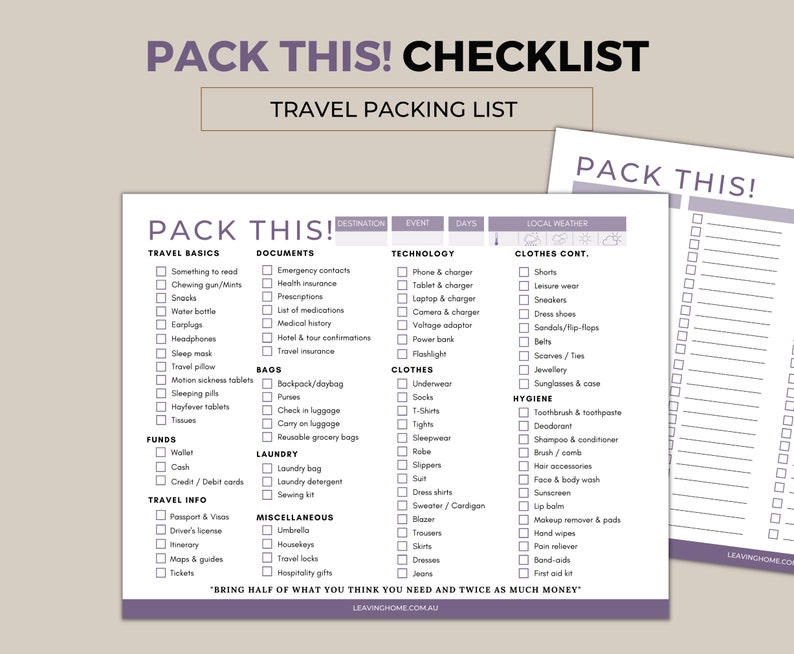 Pode incluir: Uma lista de verifica&ccedil;&atilde;o de viagem intitulada "PACK THIS! CHECKLIST" com se&ccedil;&otilde;es para o b&aacute;sico da viagem, documentos, tecnologia, roupas e higiene. A lista inclui itens como lanches, fones de ouvido e um passaporte. O site leavinghome.com.au est&aacute; na parte inferior.