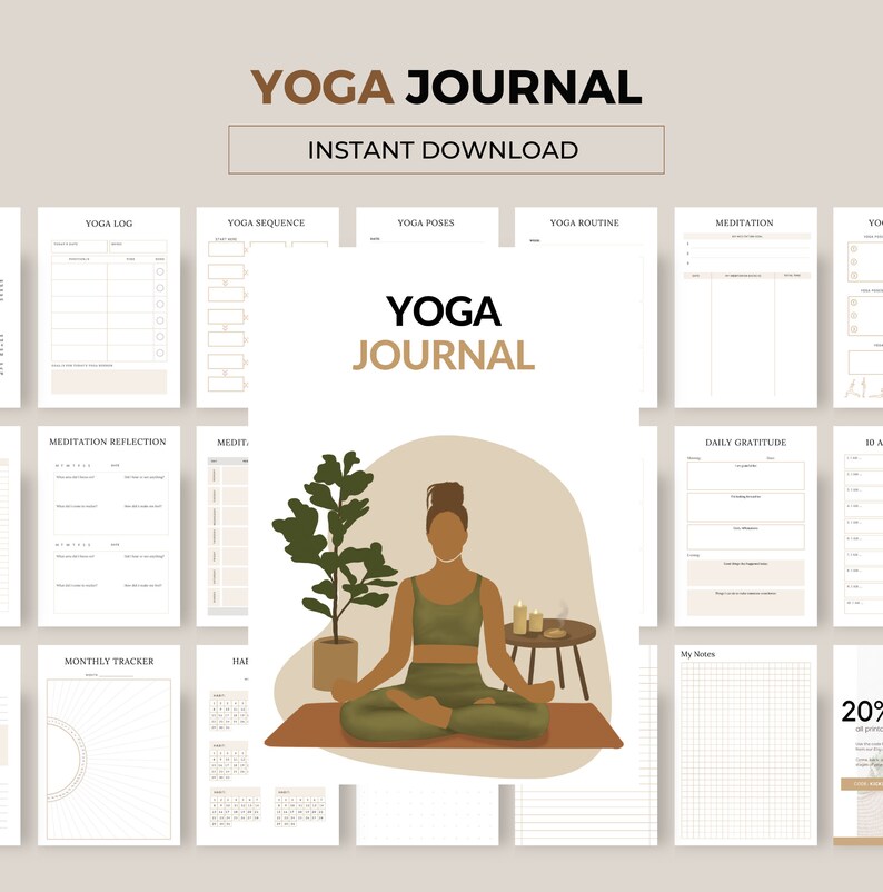 May include: A printable yoga journal with a brown and green color scheme. The journal includes pages for yoga poses, sequences, routines, meditation, gratitude, and a monthly tracker. The cover features a woman in a green yoga outfit meditating with a plant and candles.
