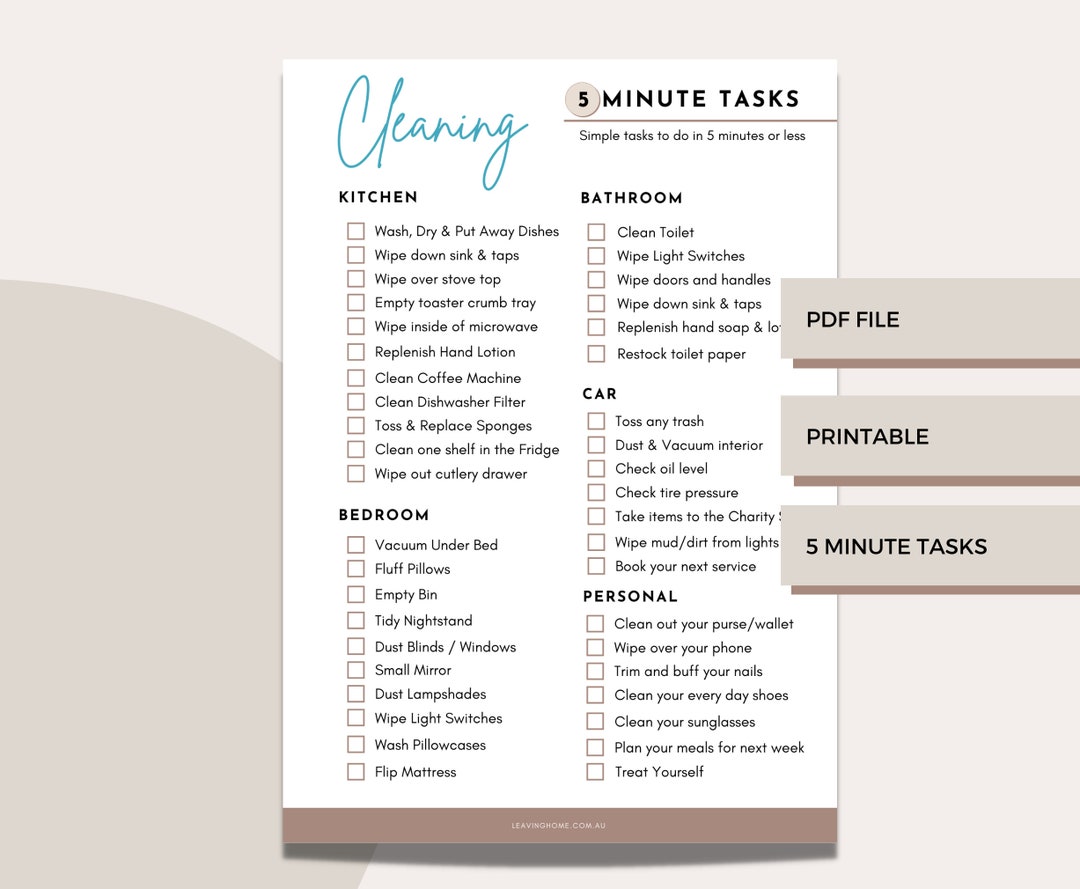 Quick Cleaning Tasks for First Apartment | 5 Minute Chores Printable ...