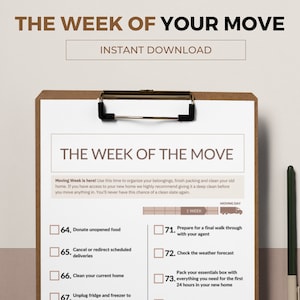 May include: A checklist on a clipboard with a brown background. The checklist is titled "The Week of the Move" and includes tasks to complete one week before moving day, such as donating unopened food, preparing for a final walk-through with your agent, and checking the weather forecast.