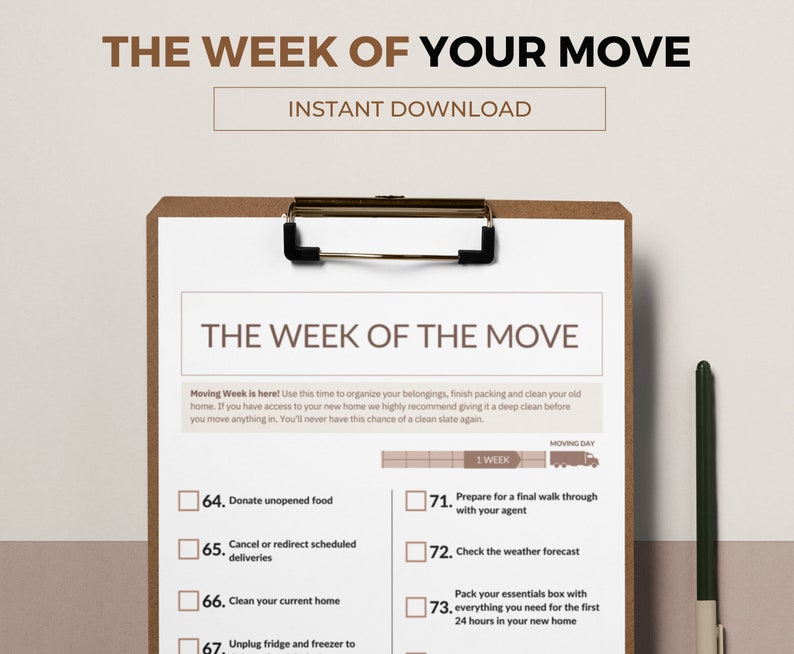 May include: A checklist on a clipboard with a brown background. The checklist is titled "The Week of the Move" and includes tasks to complete one week before moving day, such as donating unopened food, preparing for a final walk-through with your agent, and checking the weather forecast.