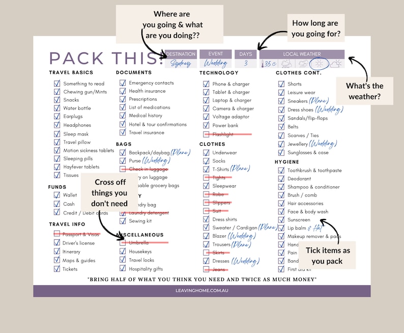 Pode incluir: Uma lista de verifica&ccedil;&atilde;o de embalagem intitulada "PACK THIS" com caixas de sele&ccedil;&atilde;o para itens essenciais de viagem, documentos, tecnologia, roupas e higiene. O destino &eacute; Sydney, o evento &eacute; um casamento e o tempo est&aacute; ensolarado. O texto "BRING HALF OF WHAT YOU THINK YOU NEED AND TWICE AS MUCH MONEY" est&aacute; inclu&iacute;do.