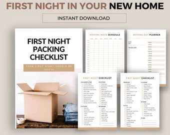 May include: A printable checklist for packing for your first night in a new home. The checklist includes categories for documentation, toiletries, clothing, bathroom, bedroom, kitchen, and other. The checklist is designed to help you pack the essentials for your first night in your new home.