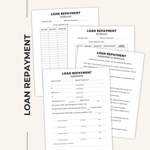 Pode incluir: Uma pilha de formulários de papel branco intitulados Loan Repayment Schedule e Loan Repayment Agreement com texto preto e linhas para preencher detalhes como datas de vencimento, valores e assinaturas para acordos de empréstimo.