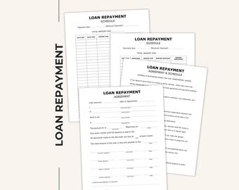 Może przedstawiać: Stos białych papierowych formularzy zatytułowanych Loan Repayment Schedule oraz Loan Repayment Agreement z czarnym tekstem i liniami do wpisywania szczegółów, takich jak terminy płatności, kwoty i podpisy do śledzenia pożyczek.