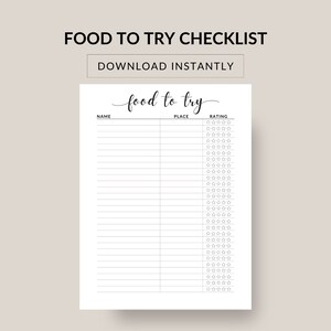 Food to Try Checklist. Food Travel List. Travel Organizer. Holiday to-do List. Download, print and pop in a frame. Download instantly | PDF.