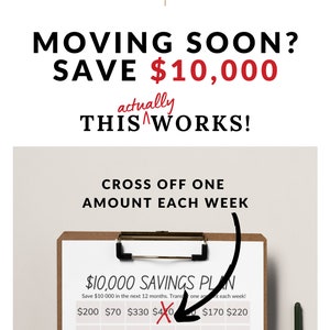 Save 10,000K in one year, money saving challenge, Savings Tracker. Save 10 000 Dollars, Financial Planner, Saving to Move Home, Download PDF