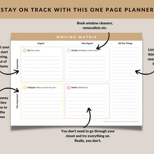 Puede incluir: Una lista de verificación de mudanza imprimible con una matriz para ayudarte a priorizar las tareas. La matriz se divide en cuatro cuadrantes: Urgente e Importante, Urgente y No Importante, No Urgente e Importante, y No Urgente y No Importante. La lista de verificación incluye tareas como "Elaborar tu presupuesto", "Comenzar a ordenar", "Empacar artículos de temporada", "Comenzar una lista de cosas por hacer", "Reservar limpiadores de ventanas" y "Enumerar todas las cosas que necesitas hacer aquí".