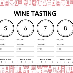 Op de afbeelding: Een wit wijnproefformulier met de tekst WINE TASTING bovenaan. Het bevat vier genummerde cirkels 5, 6, 7 en 8, met lijnen voor Smells Like, Tastes Like, Notes en een Overall Rating schaal van 1 tot 5 voor elke wijninvoer.