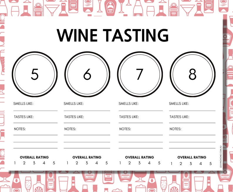 Op de afbeelding: Een wit wijnproefformulier met de tekst WINE TASTING bovenaan. Het bevat vier genummerde cirkels 5, 6, 7 en 8, met lijnen voor Smells Like, Tastes Like, Notes en een Overall Rating schaal van 1 tot 5 voor elke wijninvoer.