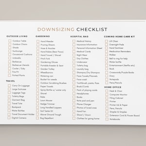 May include: A checklist for downsizing, with categories for outdoor living, gardening, hospital bag, coming home care kit, and home office. Each category has a list of items to pack or consider.