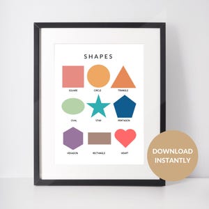 Formas, láminas educativas, arte mural para guardería, póster de aprendizaje para niños pequeños y preescolares. Descargue, imprima y enmarque. Disponible al instante.