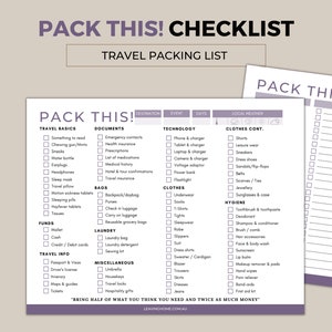 Pode incluir: Uma lista de verifica&ccedil;&atilde;o de viagem intitulada "PACK THIS! CHECKLIST" com se&ccedil;&otilde;es para o b&aacute;sico da viagem, documentos, tecnologia, roupas e higiene. A lista inclui itens como lanches, fones de ouvido e um passaporte. O site leavinghome.com.au est&aacute; na parte inferior.