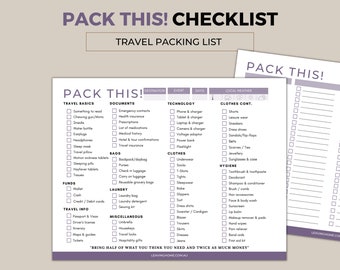 Könnte beinhalten: Eine Reise-Checkliste mit dem Titel "PACK THIS! CHECKLIST" mit Abschnitten für Reisebasics, Dokumente, Technologie, Kleidung und Hygiene. Die Liste enthält Artikel wie Snacks, Kopfhörer und einen Reisepass. Die Website leavinghome.com.au ist unten.