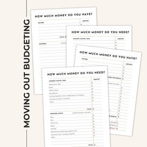 May include: A set of white budgeting worksheets with black text featuring the vertical heading MOVING OUT BUDGETING. The pages include fields labeled HOW MUCH MONEY DO YOU HAVE and HOW MUCH MONEY DO YOU NEED with lines for income, expenses, and costs.