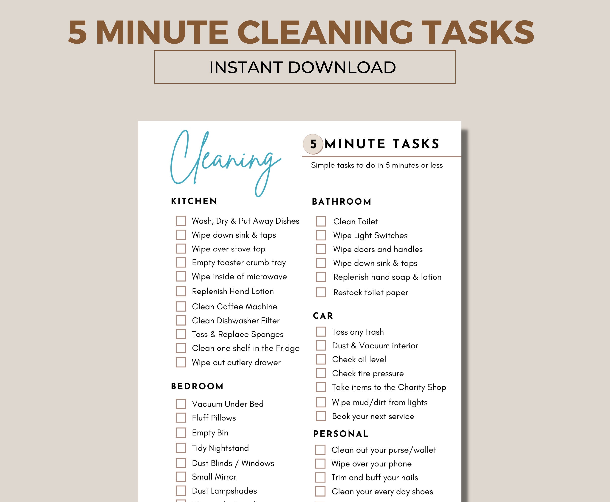 5 Minute Cleaning Checklist Printable | Quick Daily Reset Tasks PDF - Etsy
