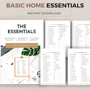 Könnte beinhalten: Eine druckbare Checkliste für Haushaltsgrundausstattung mit Kategorien für Badezimmer, Schlafzimmer, Küche, Speisekammer, Reinigung und Wäsche. Die Checkliste ist in Einmalkäufe und gelegentliche Käufe unterteilt. Die Checkliste befindet sich auf einem weißen Hintergrund mit braunem Text.