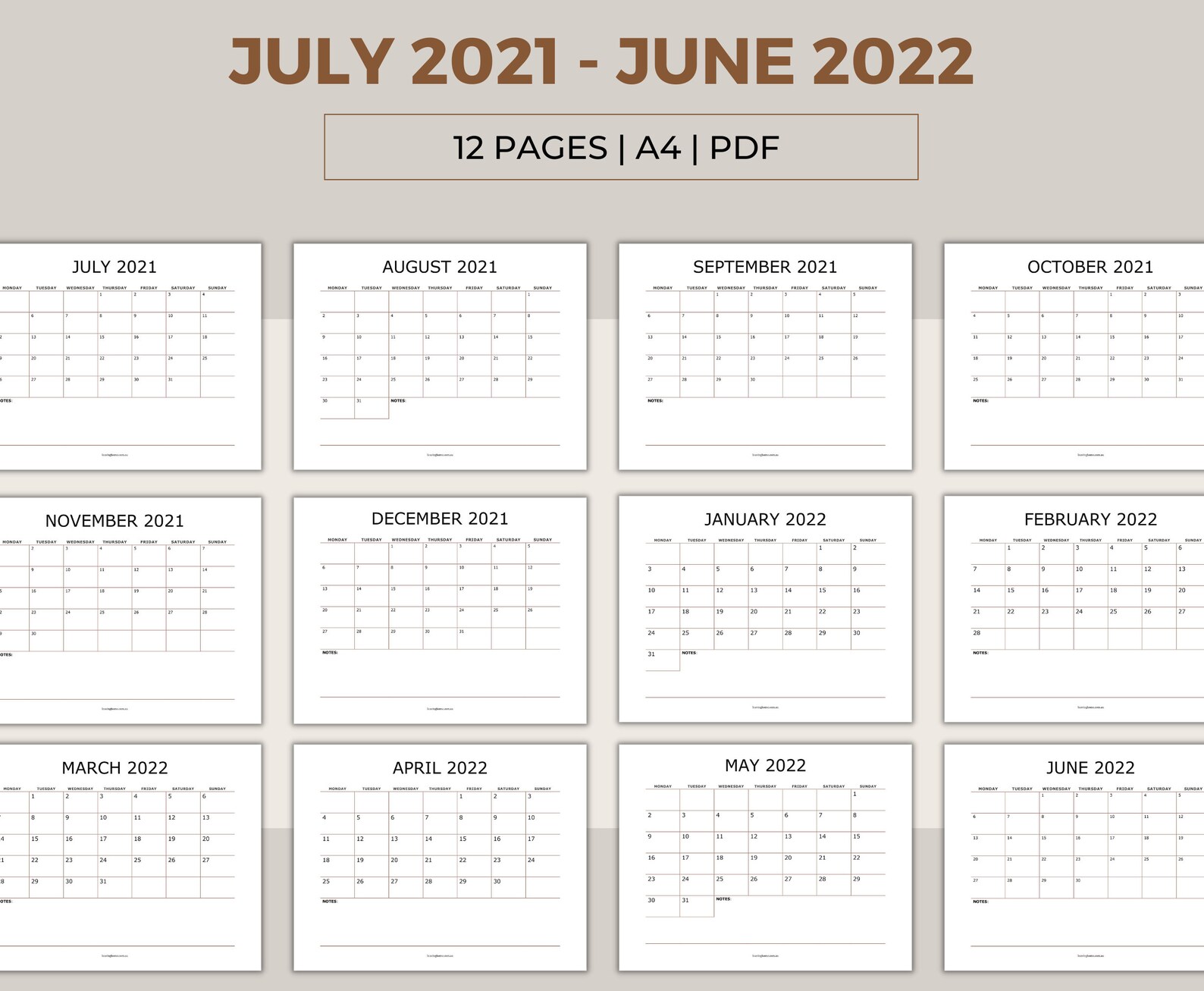Monthly Calendar July 2021 to June 2022 with Notes Year Etsy