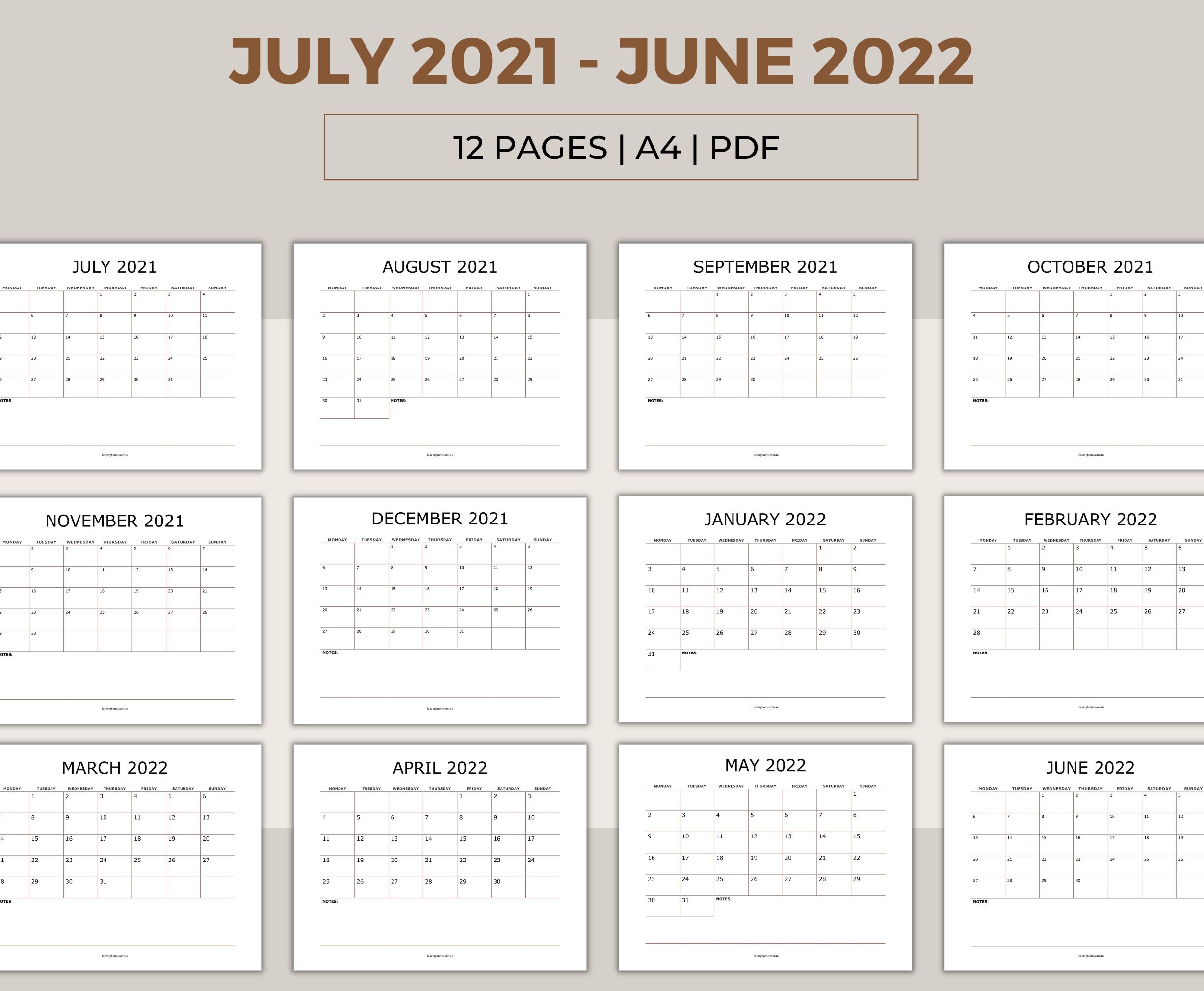 Monthly Calendar July 2021 to June 2022 with Notes Year | Etsy