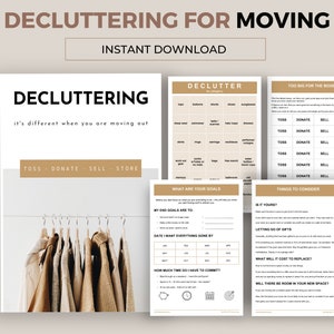 May include: A printable decluttering guide for moving. The guide includes a checklist of items to toss, donate, sell, or store. It also includes a section on setting goals, considering factors like whether an item is yours, if you are letting go of gifts, and what the cost of replacing an item would be. The guide also includes a section on whether there will be room for the item in your new space.