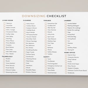 May include: A printable checklist to help you downsize your home. The checklist is divided into categories: Living Room, Cleaning, Toolbox, Laundry, Home Office, and Safety. Each category has a list of items to consider when downsizing.