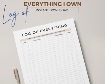 Log of Everything I Own Imprimível, mantenha um inventário do conteúdo da sua casa, inventário da casa, inventário da casa, organização da casa. Baixar PDF