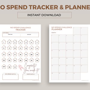 Könnte beinhalten: Ein druckbarer No-Spend-Challenge-Tracker und -Planer. Der Tracker verfügt über einen Kalender mit 31 felderförmigen Kästchen. Der Planer ist ein leeres Kalenderraster mit 31 Kästchen.