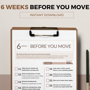 May include: A printable checklist for moving, with a checklist for 6 weeks before moving day. The checklist includes tasks like making time for friends and family, ordering moving boxes, researching packing hacks, and grabbing socks, t-shirts, towels, and linens to use as packing supplies.