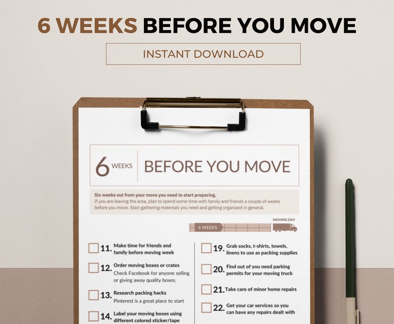 May include: A printable checklist for moving, with a checklist for 6 weeks before moving day. The checklist includes tasks like making time for friends and family, ordering moving boxes, researching packing hacks, and grabbing socks, t-shirts, towels, and linens to use as packing supplies.