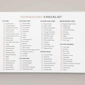 May include: A printable checklist to help you downsize your kitchen and entertaining items. The checklist is divided into three sections: Kitchen, Kitchen Cont., Kitchen Sink Cont., Entertaining Cont., and Kitchen Drawers. Each section has a list of items to consider keeping or getting rid of.
