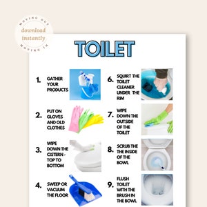 Toilet Cleaning Chore Sheet. Bathroom Cleaning. College Essentials. Bathroom Organization. Washroom cleaning guide. Instant Download | PDF