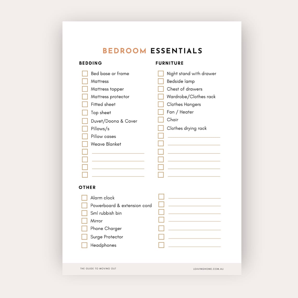 Bedroom Essentials Checklist Printable Leaving Home Moving Etsy