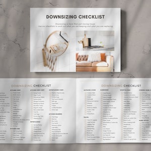 May include: A checklist for downsizing, with categories for kitchen, entertaining, outdoor living, gardening, hospital bag, coming home care kit, travel, and home office. The checklist is printed on a white background with a gold border.