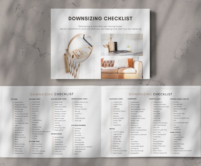 May include: A checklist for downsizing, with categories for kitchen, entertaining, outdoor living, gardening, hospital bag, coming home care kit, travel, and home office. The checklist is printed on a white background with a gold border.