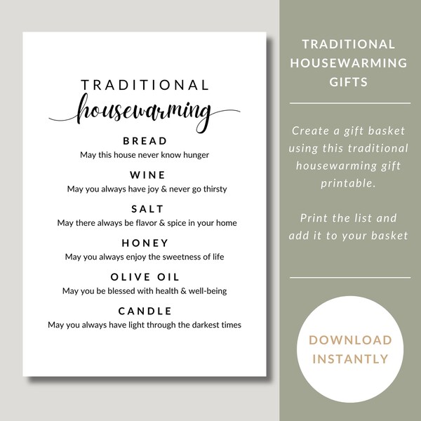 Traditional Housewarming printable to help create a gift basket for new home owners. Print the list, gather items and make a welcome basket.