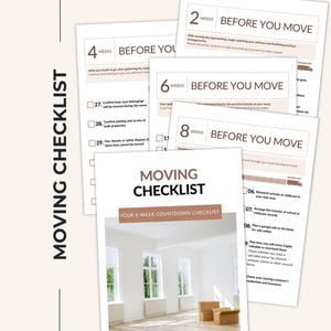 Peut inclure: Un ensemble de feuilles de papier blanches intitulées MOVING CHECKLIST avec un code couleur marron et noir. Les pages présentent un compte à rebours de 8 semaines avec du texte incluant 2 WEEKS BEFORE YOU MOVE, 4 WEEKS, 6 WEEKS et 8 WEEKS BEFORE YOU MOVE.