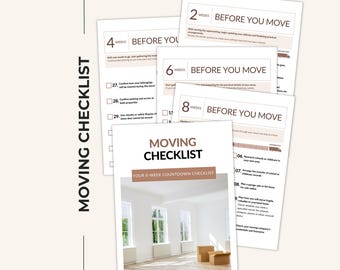 May include: A set of white paper sheets titled MOVING CHECKLIST with a brown and black colour scheme. The pages feature an 8-week countdown with text including 2 WEEKS BEFORE YOU MOVE, 4 WEEKS BEFORE YOU MOVE, 6 WEEKS BEFORE YOU MOVE, and 8 WEEKS BEFORE YOU MOVE.