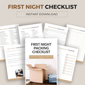 First Night New Home Printable Packing Checklist. Prepare for your first night in your new home. Documents, Personal Items, Tools, Cleaning.