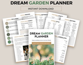 Puede incluir: Un planificador de jardín imprimible con el título "Dream Garden Planner" y el lema "Diseña algo que te guste para que se adapte a tu estilo de vida". El planificador incluye secciones para consejos e ideas de jardín, materiales preferidos, plantas preferidas, estilo de jardín, características del jardín, áreas de utilidad, jardín productivo y el aspecto general del jardín.
