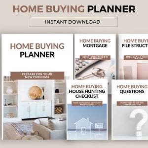 Op de afbeelding: Een digitale planner voor het kopen van een huis met secties voor het voorbereiden op een nieuwe aankoop, hypotheek, een checklist voor het zoeken naar een huis, bestandsstructuur en vragen om te stellen. De planner heeft een lichtblauwe achtergrond met een huissymbool en een vraagteken.