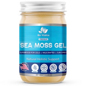 May include: A glass jar of sea moss gel with a blue and white label. The label reads "Bio Vitalica Premium Sea Moss Gel Superfood for Cells | Wildcrafted | Sun-Dried Natural Holistic Support" and includes a vegan, organic, non-GMO, and gluten-free logo. The jar is 12 oz (340g).