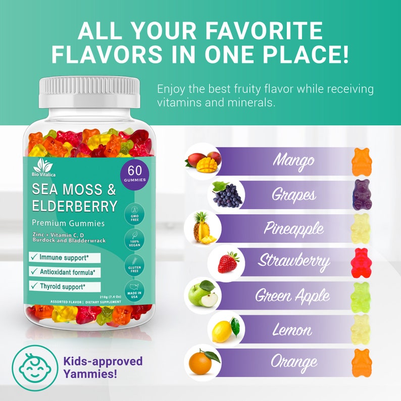 May include: A bottle of 60 gummies with a label that reads "Sea Moss & Elderberry Premium Gummies". The gummies are in various fruity flavors, including mango, grape, pineapple, strawberry, green apple, lemon, and orange. The bottle is labeled as GMO-free, 100% vegan, gluten-free, and made in the USA.