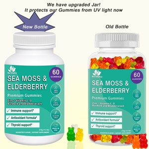 May include: Two bottles of Sea Moss & Elderberry Premium Gummies, one new and one old. Both bottles are white with green labels and contain 60 gummies. The new bottle is larger and has a label that says "GMO Free", "100% Vegan", and "Gluten Free". The old bottle is smaller and has a label that says "GMO Free", "100% Vegan", and "Gluten Free". Both bottles have a picture of a gummy bear on the label.