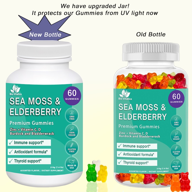 May include: Two bottles of Sea Moss & Elderberry Premium Gummies, one new and one old. Both bottles are white with green labels and contain 60 gummies. The new bottle is larger and has a label that says "GMO Free", "100% Vegan", and "Gluten Free". The old bottle is smaller and has a label that says "GMO Free", "100% Vegan", and "Gluten Free". Both bottles have a picture of a gummy bear on the label.