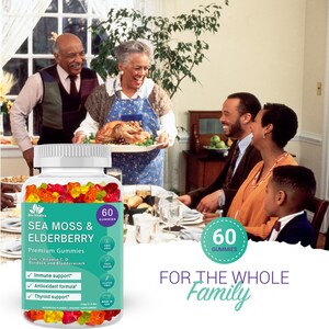 May include: A bottle of Bio Vitalica Sea Moss & Elderberry Premium Gummies with 60 gummies. The bottle is clear and shows the gummies inside. The label is green and white with the product name and ingredients listed. The bottle is sitting on a table with a family gathered around it. The text on the label says "For the Whole Family".