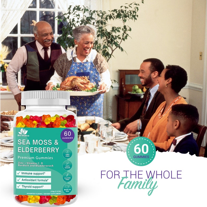 May include: A bottle of Bio Vitalica Sea Moss & Elderberry Premium Gummies with 60 gummies. The bottle is clear and shows the gummies inside. The label is green and white with the product name and ingredients listed. The bottle is sitting on a table with a family gathered around it. The text on the label says "For the Whole Family".