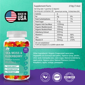 May include: A bottle of 60 vegan-friendly gummies labeled "Sea Moss & Elderberry Premium Gummies". The bottle is clear and shows the gummies inside. The label is blue and white with a list of ingredients and benefits. The bottle is sitting on a white surface. The label also states "Made in USA" and "GMP".