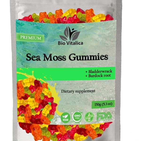 Sea Moss Gummies - Irish sea Moss raw Organic, Bladderwrack, Burdock Root. Made of Real Sea Moss Gel - 150g